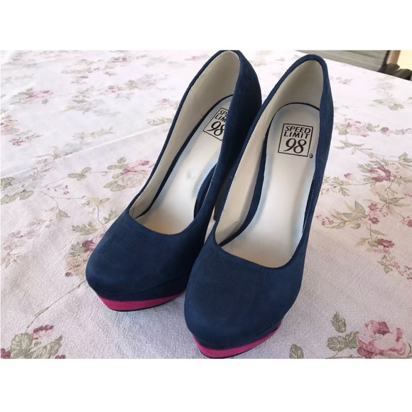 Womens Shoes Size 6 Faux Suede Platform Pump Heels in Navy Pink Colorblock NIB - Picture 5 of 6